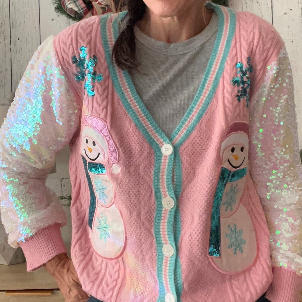 Snowman Cardigan with Sequin Sleeves